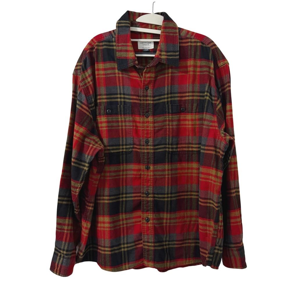 American Eagle Mens XL Relaxed Fit Plaid Flannel Shirt Red Black Long Sleeve